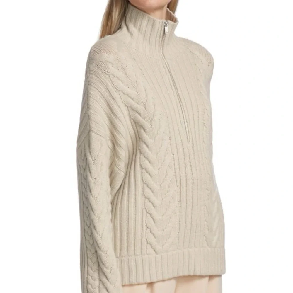 SOLD NAADAM Wool-Cashmere Open-Back Cable Quarter-Zip Taupe Linen Sweater NEW - Picture 2 of 10